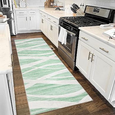 Washable Area Rug, Modern Wave Distressed Non-Slip Low Pile Rug for Living Room