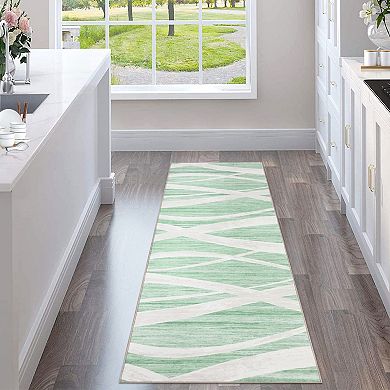 Washable Area Rug, Modern Wave Distressed Non-Slip Low Pile Rug for Living Room