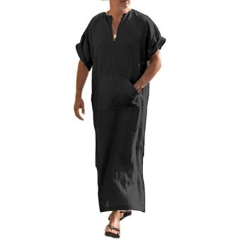 COOFANDY Men' V-Neck Linen Robe Short Sleeve Kaftan Thobe Long Gown Casual Shirt for Beach