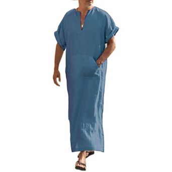 COOFANDY Men' V-Neck Linen Robe Short Sleeve Kaftan Thobe Long Gown Casual Shirt for Beach