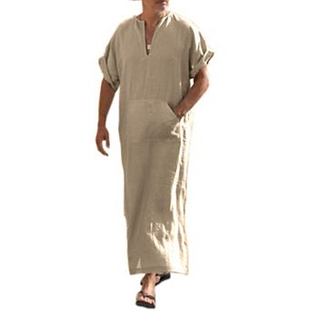 COOFANDY Men' V-Neck Linen Robe Short Sleeve Kaftan Thobe Long Gown Casual Shirt for Beach