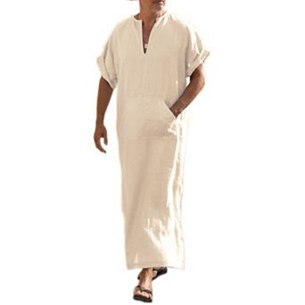 COOFANDY Men' V-Neck Linen Robe Short Sleeve Kaftan Thobe Long Gown Casual Shirt for Beach