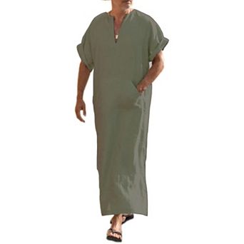 COOFANDY Men' V-Neck Linen Robe Short Sleeve Kaftan Thobe Long Gown Casual Shirt for Beach