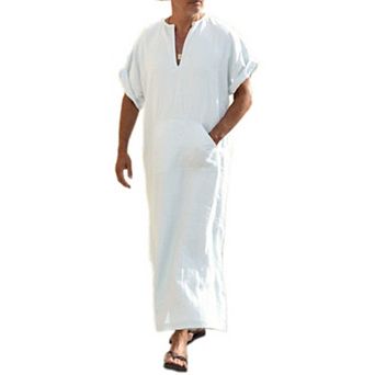 COOFANDY Men' V-Neck Linen Robe Short Sleeve Kaftan Thobe Long Gown Casual Shirt for Beach