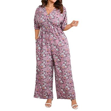 Womens Plus Size Casual Summer Floral Jumpsuits Half Sleeve Wide Leg Long Pant Rompers