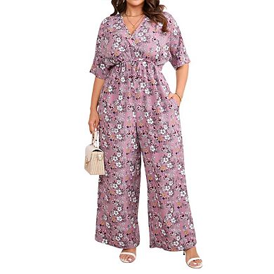 Womens Plus Size Casual Summer Floral Jumpsuits Half Sleeve Wide Leg Long Pant Rompers