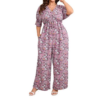 Womens Plus Size Casual Summer Floral Jumpsuits Half Sleeve Wide Leg Long Pant Rompers