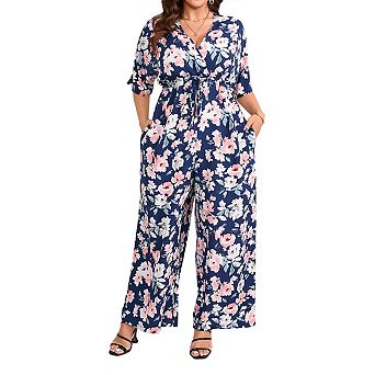 Womens Plus Size Casual Summer Floral Jumpsuits Half Sleeve Wide Leg Long Pant Rompers