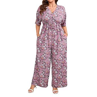 Womens Plus Size Casual Summer Floral Jumpsuits Half Sleeve Wide Leg Long Pant Rompers