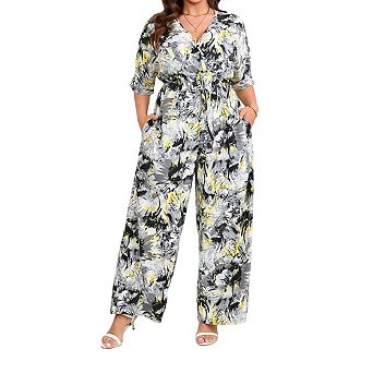 Womens Plus Size Casual Summer Floral Jumpsuits Half Sleeve Wide Leg Long Pant Rompers