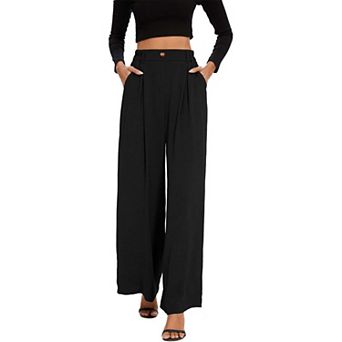 Women Pleated Wide Leg Straight Boho Long Pants Elastic High Waist Summer Casual Fall Flowy Trousers