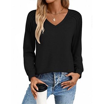 Zeagoo Women's Long Sleeve V Neck Pleated Tops Loose Tunic Shirts Trendy Casual Work Clothes