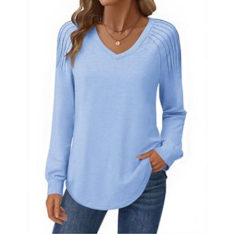 Zeagoo Women's Long Sleeve V Neck Pleated Tops Loose Tunic Shirts Trendy Casual Work Clothes