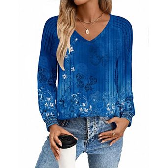 Zeagoo Women's Long Sleeve V Neck Pleated Tops Loose Tunic Shirts Trendy Casual Work Clothes