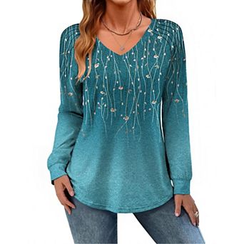 Zeagoo Women's Long Sleeve V Neck Pleated Tops Loose Tunic Shirts Trendy Casual Work Clothes