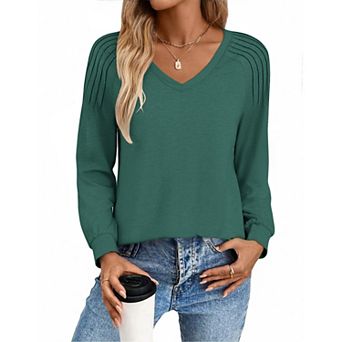 Zeagoo Women's Long Sleeve V Neck Pleated Tops Loose Tunic Shirts Trendy Casual Work Clothes