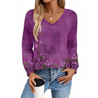 Zeagoo Women's Long Sleeve V Neck Pleated Tops Loose Tunic Shirts Trendy Casual Work Clothes