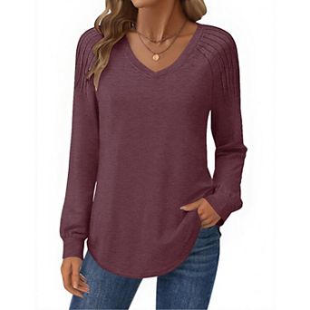 Zeagoo Women's Long Sleeve V Neck Pleated Tops Loose Tunic Shirts Trendy Casual Work Clothes