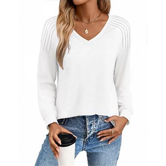 Zeagoo Women's Long Sleeve V Neck Pleated Tops Loose Tunic Shirts Trendy Casual Work Clothes