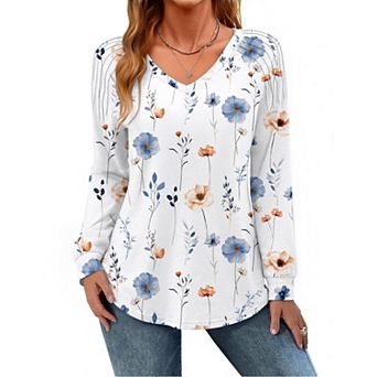 Zeagoo Women's Long Sleeve V Neck Pleated Tops Loose Tunic Shirts Trendy Casual Work Clothes