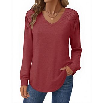 Zeagoo Women's Long Sleeve V Neck Pleated Tops Loose Tunic Shirts Trendy Casual Work Clothes