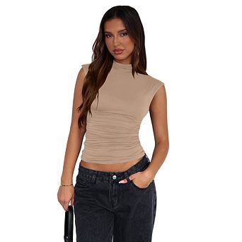 Womens Sleeveless Mock Turtleneck Slim Fit Stretch Ribbed Casual Basic Layering Vest