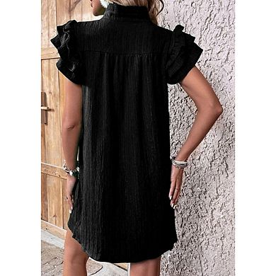 Womens Summer Dresses Ruffle Cap Short Sleeve V Neck Mini Dress Casual Loose Solid Flowy Sundress