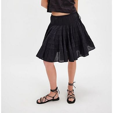 Women Boho Drawstring Tie Up Midi Skirt Ruffle Pleated Tiered Knee Length Flowy A Line Short Skirts
