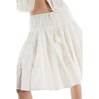 Women Boho Drawstring Tie Up Midi Skirt Ruffle Pleated Tiered Knee Length Flowy A Line Short Skirts