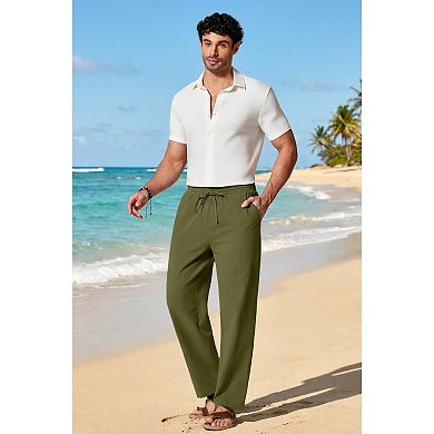 COOFANDY Men' Linen Pants Lightweight Elastic Waist Drawstring Casual Beach Yoga Pants