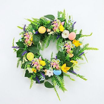 18" Easter Wreath with Colorful Flowers and Eggs, Spring Decoration for Front Door Home Party