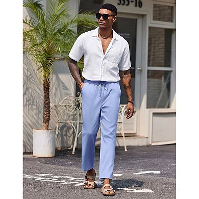 COOFANDY Mens Linen Casual Pants Lightweight Drawstring Beach Pants Elastic Waist Cropped Pants