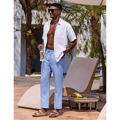 COOFANDY Mens Linen Casual Pants Lightweight Drawstring Beach Pants Elastic Waist Cropped Pants