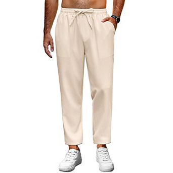 COOFANDY Mens Linen Casual Pants Lightweight Drawstring Beach Pants Elastic Waist Cropped Pants