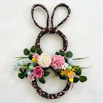24" Easter Bunny Wreaths for Front Door Spring Floral Rabbit Wall Decor with Flowers & Eggs