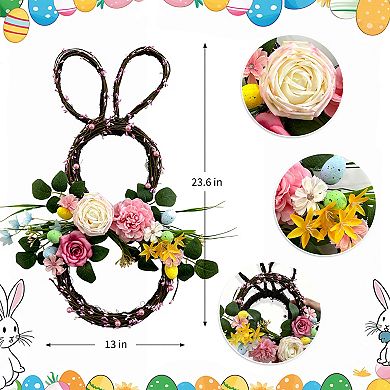 24" Easter Bunny Wreaths for Front Door Spring Floral Rabbit Wall Decor with Flowers & Eggs
