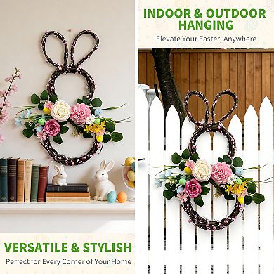 24" Easter Bunny Wreaths for Front Door Spring Floral Rabbit Wall Decor with Flowers & Eggs