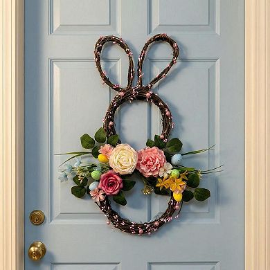24" Easter Bunny Wreaths for Front Door Spring Floral Rabbit Wall Decor with Flowers & Eggs