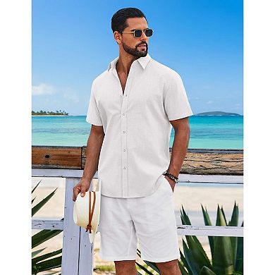 COOFANDY Men' Button Down Shirt Short Sleeve Casual Summer Beach Cotton Linen Wedding Shirts