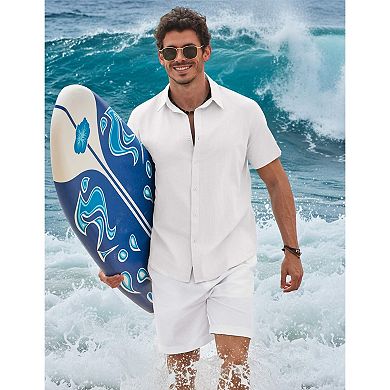 COOFANDY Men' Button Down Shirt Short Sleeve Casual Summer Beach Cotton Linen Wedding Shirts