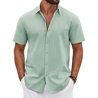 COOFANDY Men' Button Down Shirt Short Sleeve Casual Summer Beach Cotton Linen Wedding Shirts