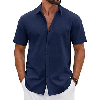 COOFANDY Men' Button Down Shirt Short Sleeve Casual Summer Beach Cotton Linen Wedding Shirts