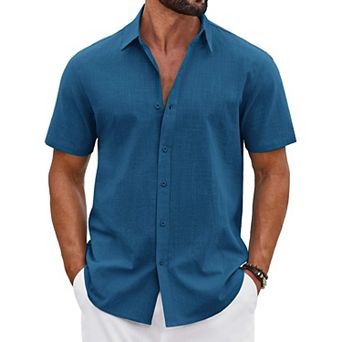 COOFANDY Men' Button Down Shirt Short Sleeve Casual Summer Beach Cotton Linen Wedding Shirts