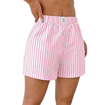 Women Casual Elastic High Waisted Striped Loose Shorts Summer Lounge Straight Leg Beach Bottoms