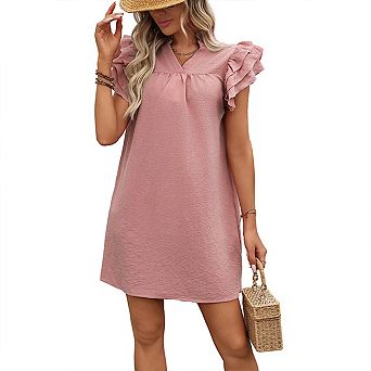 Summer Dresses for Women Casual V Neck Cap Sleeve Ruffled Hem T-Shirt Flowy Swing Smock Sundress