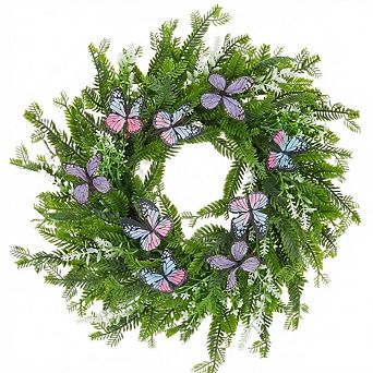 20" Artificial Fern Wreath for Front Door Greenery Wreath with Butterflies for Wall Porch All-Season