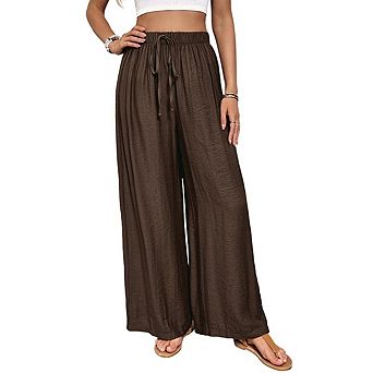 Casual Pants Women Wide Leg High Waisted Drawstring Cut Out Design Elastic Waist Vacation Pants