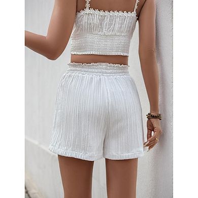 Women's Summer Shorts Trendy Elastic Waist Drawstring Textured with Pockets Boho Beach Outfits