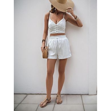 Women's Summer Shorts Trendy Elastic Waist Drawstring Textured with Pockets Boho Beach Outfits
