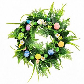 18" Easter Egg Wreath for Front Door, Spring Door Wreaths with Daisy Flowers & Pastel Eggs for Wall